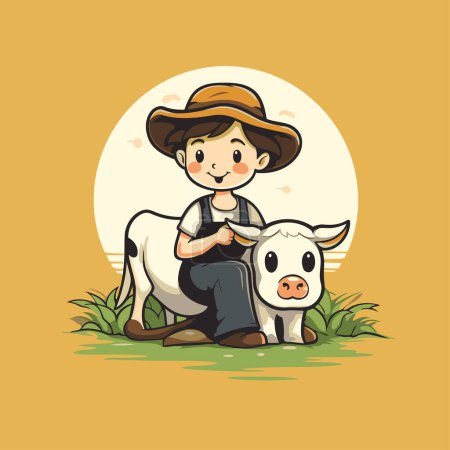 Téléchargez les illustrations : Fermier et vache dans la prairie. Illustration vectorielle dessin animé mignon. - en licence libre de droit