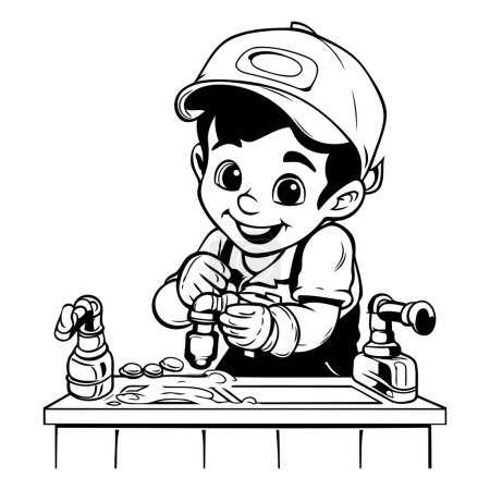 Ilustración de Chico divertido jugando con el grifo de agua. Ilustración vectorial en blanco y negro. - Imagen libre de derechos