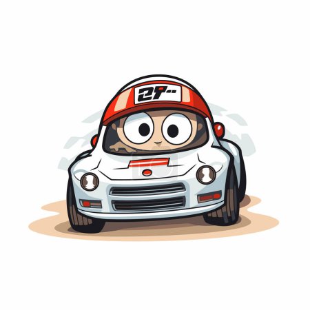 Téléchargez les illustrations : Illustration d'une drôle de voiture de course de dessin animé avec expression du visage sur fond blanc - en licence libre de droit