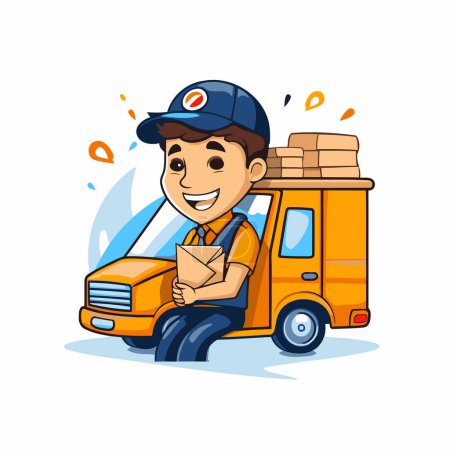 Téléchargez les illustrations : Livreur avec boîte et camion. Service de livraison. Illustration vectorielle. - en licence libre de droit