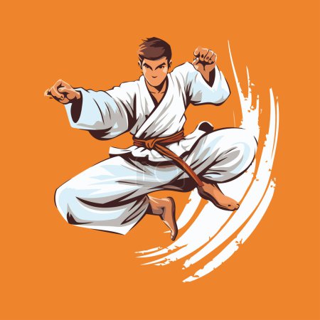 Téléchargez les illustrations : Illustration vectorielle de combattant karaté sur fond orange avec brosse grunge - en licence libre de droit