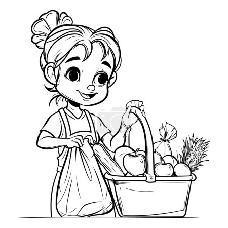 Téléchargez les illustrations : Petite fille mignonne avec panier de fruits et légumes. Illustration vectorielle. - en licence libre de droit