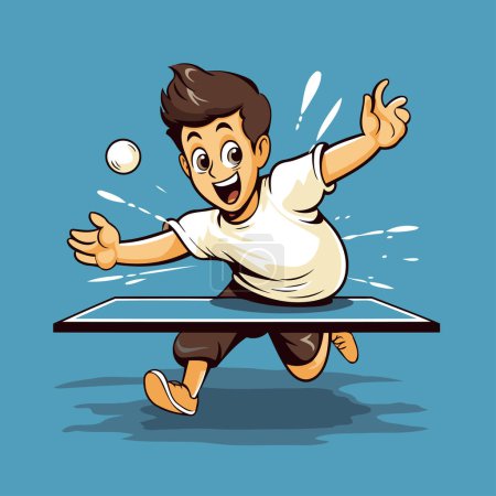 Ilustración de Ilustración de un niño jugando al tenis de mesa sobre un fondo azul. - Imagen libre de derechos