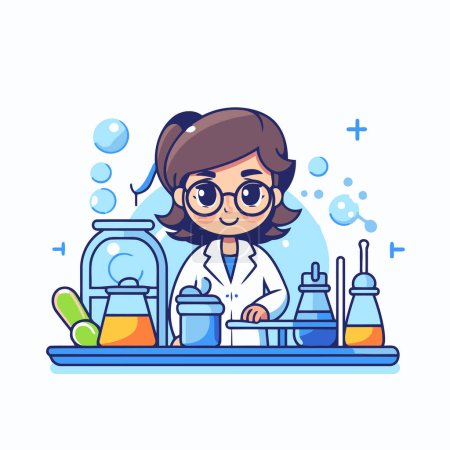 Illustration for Cute little scientist girl in lab coat and glasses. Vector illustration - Royalty Free Image