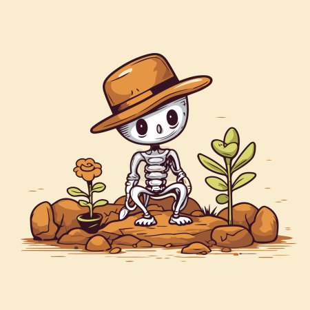 Illustration for Skeleton in hat sitting on rock with flower. Vector illustration. - Royalty Free Image