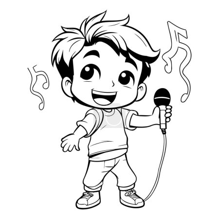 Téléchargez les illustrations : Garçon chantant avec microphone - Illustration de bande dessinée en noir et blanc. Vecteur - en licence libre de droit