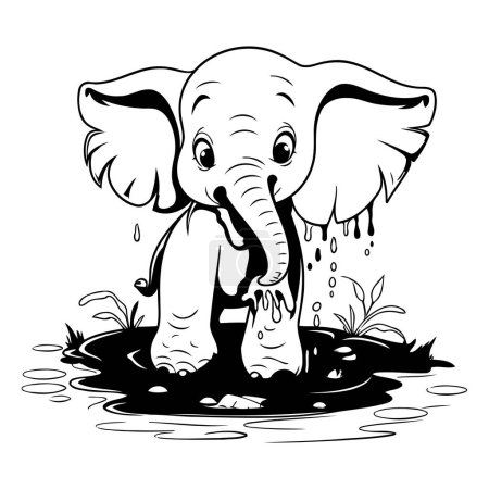 Téléchargez les illustrations : Éléphant dans une flaque d'eau. Illustration vectorielle noir et blanc. - en licence libre de droit
