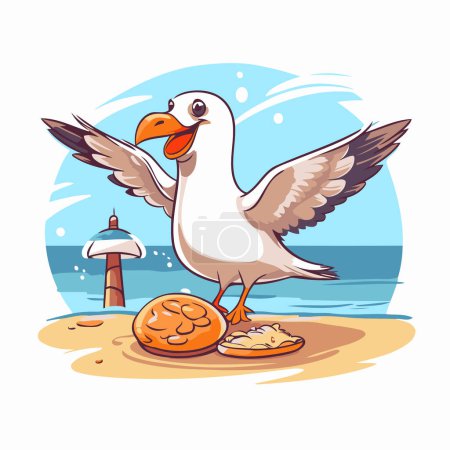 Téléchargez les illustrations : Mouette mangeant du pain sur la plage. Illustration vectorielle de dessin animé. - en licence libre de droit