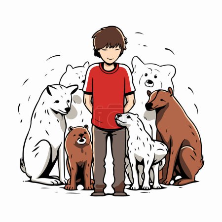Téléchargez les illustrations : Illustration vectorielle d'un jeune homme avec des chiens sur fond blanc. - en licence libre de droit