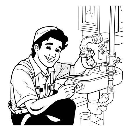 Illustration for Plumber at work. Black and white vector illustration for coloring book. - Royalty Free Image