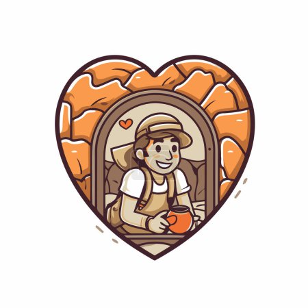 Cartoon vector illustration of a boy sitting in the window of a castle and holding an apple