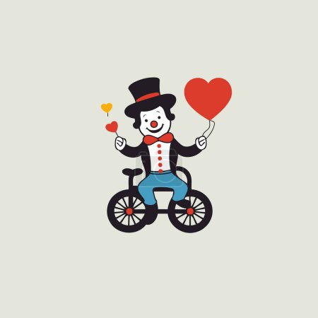 Illustration for Clown with a heart on a bicycle. Vector illustration in flat style - Royalty Free Image