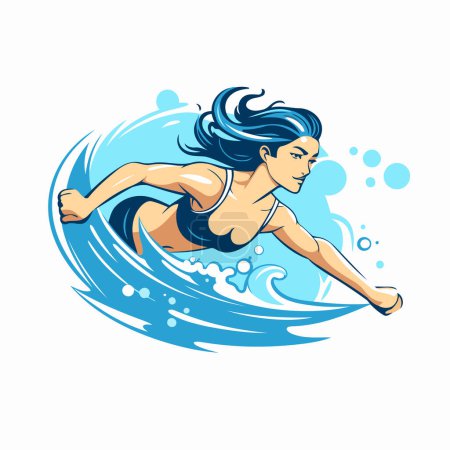 Illustration for Surfer girl on a surfboard. Vector illustration on white background. - Royalty Free Image