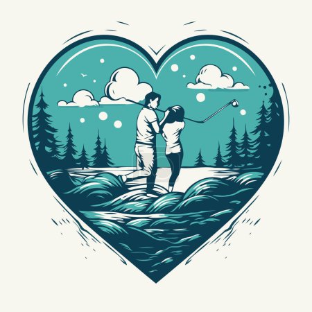 Illustration for Couple fishing on the river. Couple in love. Vector illustration - Royalty Free Image