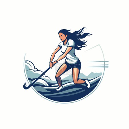 Téléchargez les illustrations : Illustration d'une femme paddle boarding sur planche de surf vue du côté mis à l'intérieur cercle sur fond isolé fait dans un style rétro. - en licence libre de droit