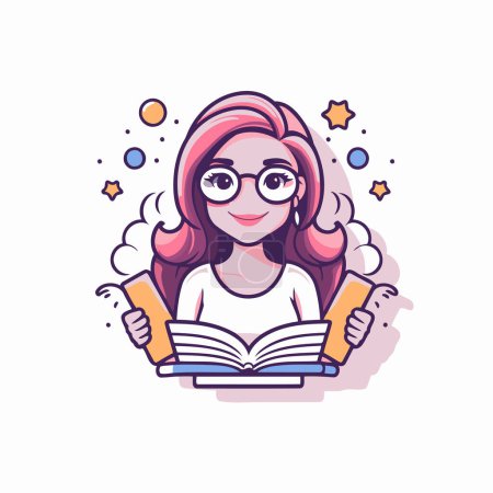 Illustration for Cute girl with glasses reading a book. Vector illustration in cartoon style. - Royalty Free Image