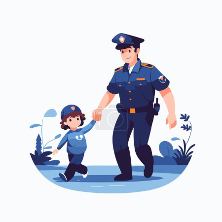 Téléchargez les illustrations : Un policier et un enfant. Père et fils en uniforme de police. Illustration vectorielle plate. - en licence libre de droit