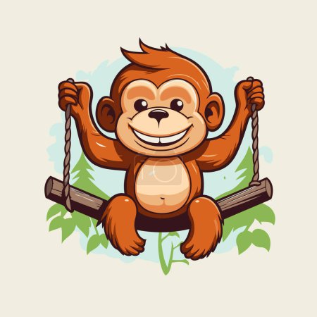 Orangutan sitting on a swing. Vector illustration in cartoon style.