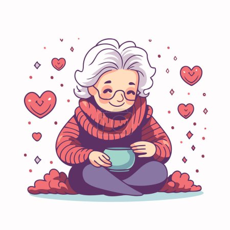 Illustration for Cute cartoon grandmother sitting on the floor with cup of tea. Vector illustration. - Royalty Free Image