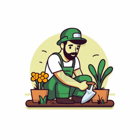 Téléchargez les illustrations : Jardinier travaillant dans le jardin. Illustration vectorielle dans le style dessin animé - en licence libre de droit
