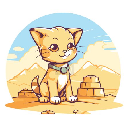Ilustración de Lindo gato de dibujos animados sentado en la arena en el desierto. Ilustración vectorial. - Imagen libre de derechos