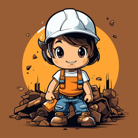 Illustration for Cartoon little boy in construction helmet and overalls. Vector illustration. - Royalty Free Image