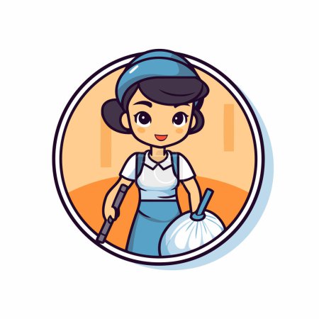 Illustration for Cleaning lady in round icon. Cleaning service logo. Vector illustration. - Royalty Free Image
