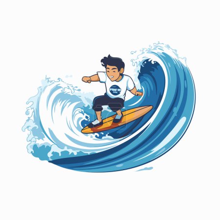 Téléchargez les illustrations : Surfeur chevauchant sur une grosse vague. Illustration vectorielle sur fond blanc. - en licence libre de droit