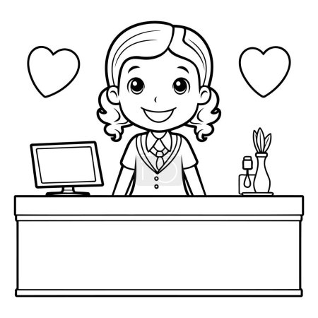 Illustration for Girl at the reception desk with a computer. Vector illustration. Coloring book - Royalty Free Image