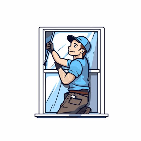 Téléchargez les illustrations : Service de nettoyage des fenêtres. Illustration vectorielle d'un travailleur nettoyant une fenêtre avec une brosse. - en licence libre de droit
