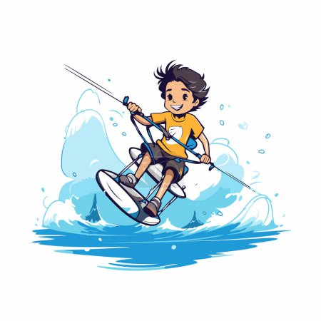 Illustration for Little boy riding a wakeboard on the waves. Vector illustration. - Royalty Free Image