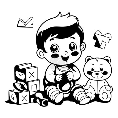 Illustration for Cute boy playing with toys. Black and white vector illustration. - Royalty Free Image