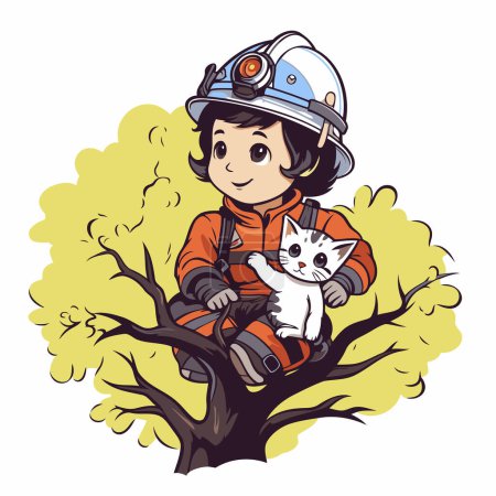 Téléchargez les illustrations : Illustration vectorielle d'un garçon en uniforme de pompier avec un chat sur un arbre - en licence libre de droit