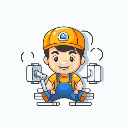 Illustration for Illustration of Cute Smiling Worker Character Sitting on the Floor Wearing Hard Hat - Royalty Free Image
