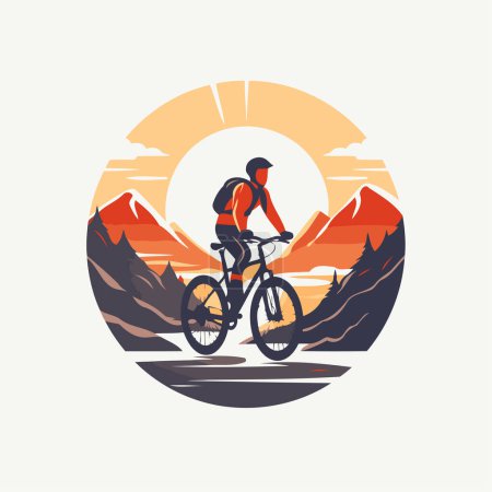 Illustration for Mountain biker at sunset in the mountains. Vector illustration. - Royalty Free Image
