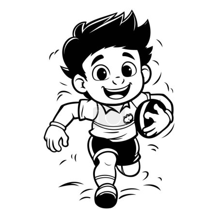 Illustration for Soccer Boy Running with Ball - Black and White Cartoon Illustration. Vector - Royalty Free Image