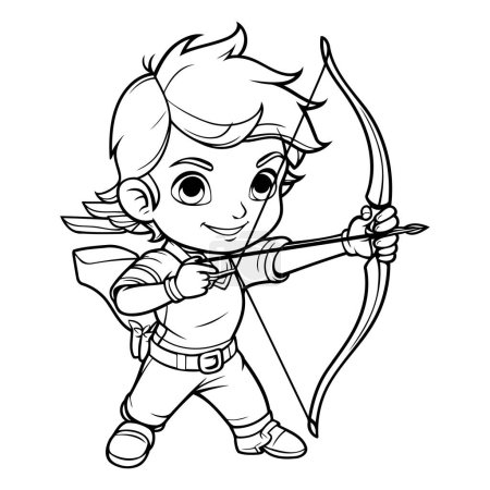 Illustration for Cute little boy with bow and arrow. outline vector illustration. - Royalty Free Image