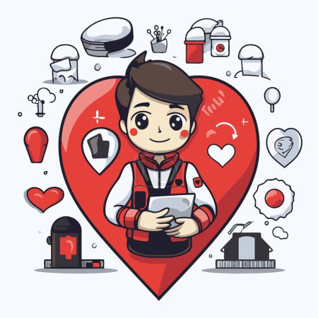 Téléchargez les illustrations : Caricature garçon avec tablette en forme de cœur. Illustration vectorielle. - en licence libre de droit