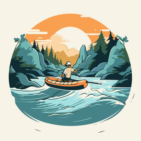 Illustration for Kayaking on the mountain river. Vector illustration in retro style. - Royalty Free Image