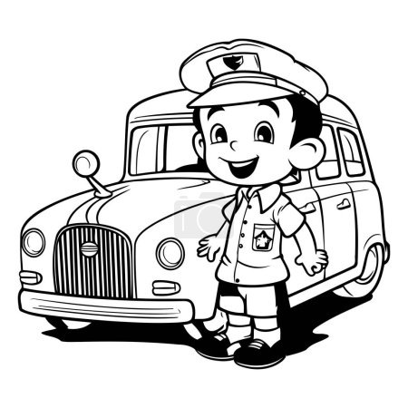 Illustration for Black and White Cartoon Illustration of a Little Boy Police Officer with a Police Car - Royalty Free Image