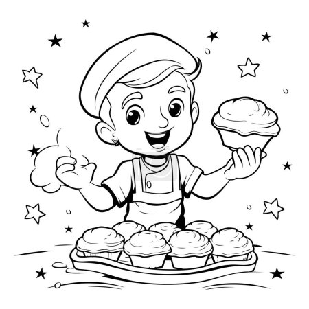 Téléchargez les illustrations : Illustration d'un mignon petit garçon habillé en chef tenant un gâteau - en licence libre de droit
