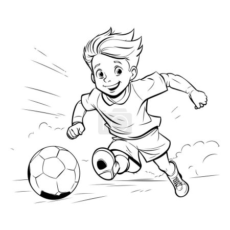 Téléchargez les illustrations : Un footballeur de dessin animé donne un coup de pied au ballon. Illustration vectorielle noir et blanc. - en licence libre de droit