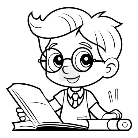 Téléchargez les illustrations : Illustration de bande dessinée en noir et blanc d'un élève lisant un livre Coloring Book - en licence libre de droit
