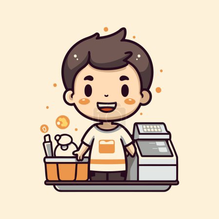 Illustration for Cute boy cashier cartoon character vector illustration. Flat design. - Royalty Free Image
