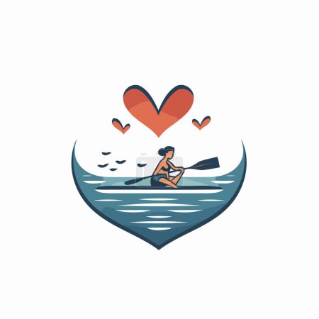 Illustration for Love kayaking vector logo design template. Man in a canoe with a heart on the background. - Royalty Free Image