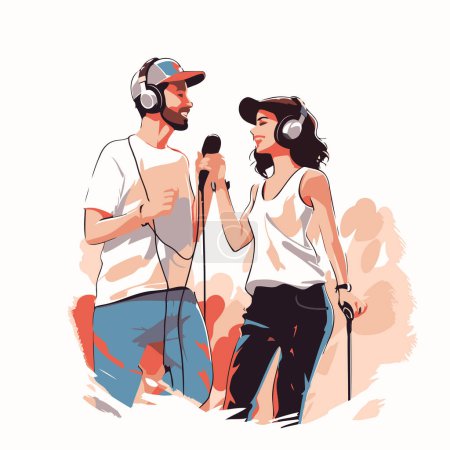 Téléchargez les illustrations : Jeune couple chantant du karaoké. Illustration vectorielle dans le style dessin animé. - en licence libre de droit