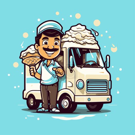 Téléchargez les illustrations : Livreur de bande dessinée avec camion de crème glacée. Illustration vectorielle pour votre design - en licence libre de droit