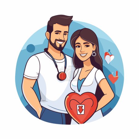 Illustration for Couple of doctors with stethoscope and heart cartoon vector illustration graphic design - Royalty Free Image