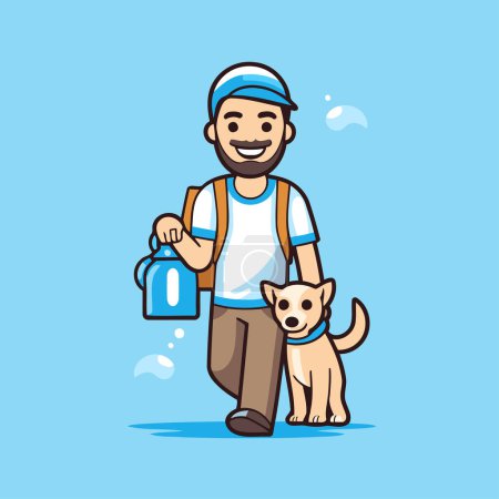 Téléchargez les illustrations : Homme avec chien et bouteille d'eau. Illustration vectorielle dans le style dessin animé. - en licence libre de droit