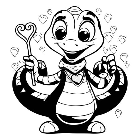 Téléchargez les illustrations : Illustration graphique en noir et blanc d'un serpent tenant une baguette magique avec des cœurs autour de lui. - en licence libre de droit